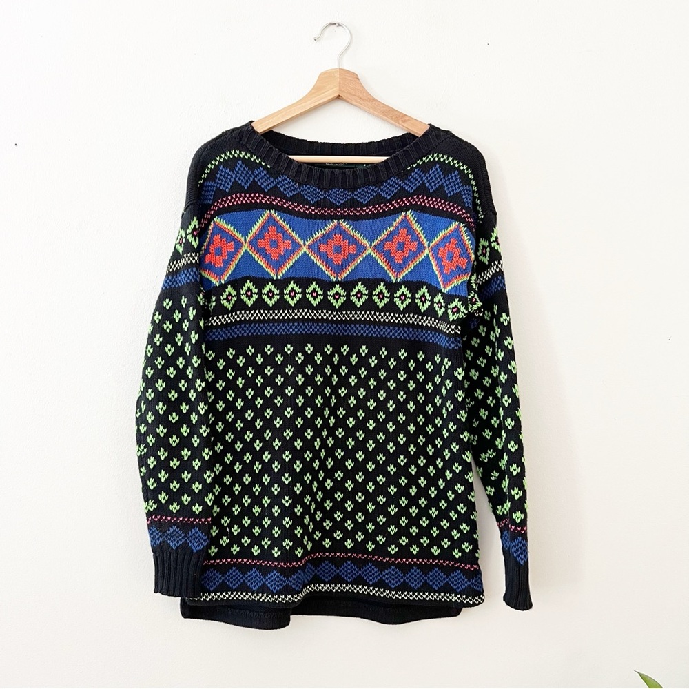 Lauren Ralph Lauren Womens Sweater Sz Medium Knit Fair Isle Neon Black.